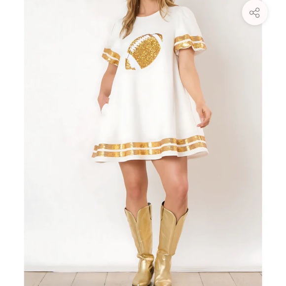 Very cute white dress with gold trimming and gold sequin football design - Picture 4 of 6